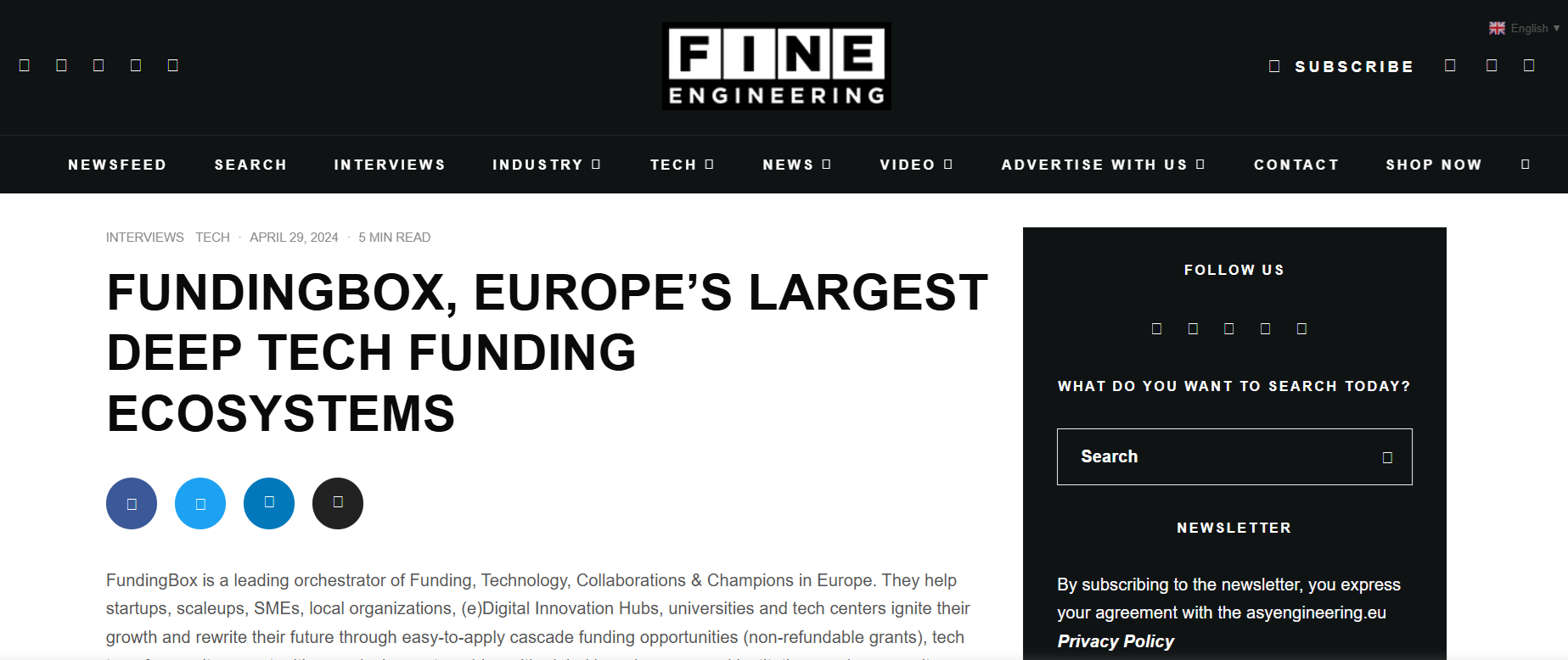 article: FUNDINGBOX, EUROPE’S LARGEST DEEP TECH FUNDING ECOSYSTEMS