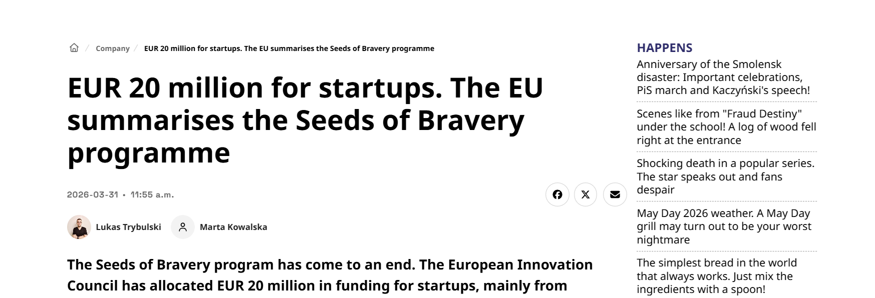 EUR 20 million for startups. The EU summarises the Seeds of Bravery programme